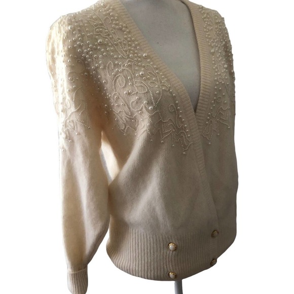 Vintage Sideffects Cream Knit Lambswool Angora Rabbit Hair Sweater Pearls M - Picture 9 of 9